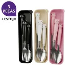 Kit Talheres Inox 3 Peças Com Estojo Gatinho Infantil Portátil Para Marmita Lancheira Escolar e Trabalho