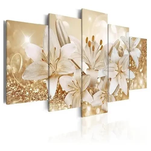 Quadros Decorativos parede mdf tema Flores Lirios Com Efeito Dourados Brilhantes 5 Peças