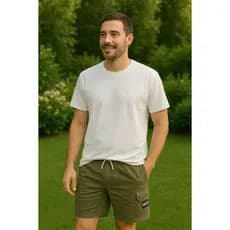 Shorts Masculino Cargo Sarja  Brin Com Bolsos Laterais Logo Bordado Cordão de Ajuste Na Cintura