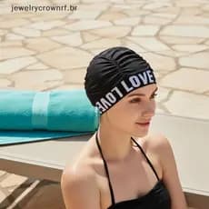 Touca De Natação Plissada Feminina Amor Estampado Ajuste Confortável Para Atividades Aquáticas Na Praia E Piscina