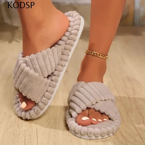 Chinelo De Veludo KODSP , Chinelos Casuais De Pelúcia Com Sola Macia Antiderrapantes De Dedos Abertos Femininos