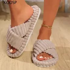 Chinelo De Veludo KODSP , Chinelos Casuais De Pelúcia Com Sola Macia Antiderrapantes De Dedos Abertos Femininos