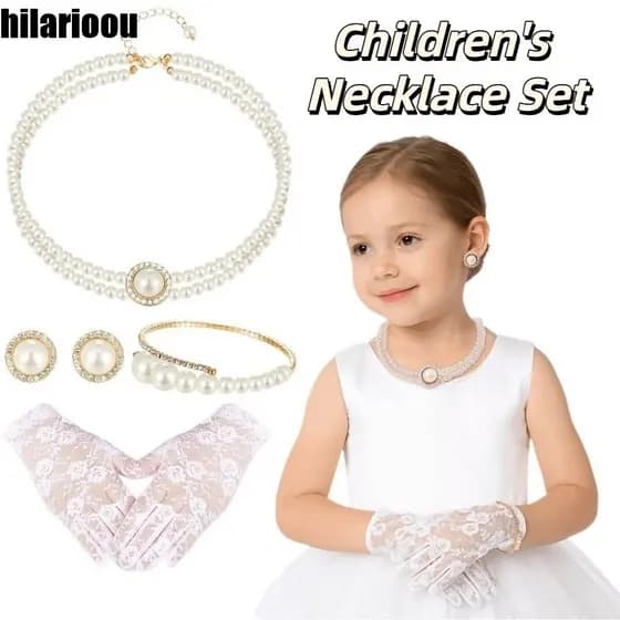 HILARIOOU Conjunto De Joias De Pérolas Infantis , Colar Moderno Estilo Francês , Luvas De Malha Infantil
