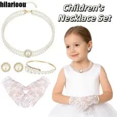 HILARIOOU Conjunto De Joias De Pérolas Infantis , Colar Moderno Estilo Francês , Luvas De Malha Infantil