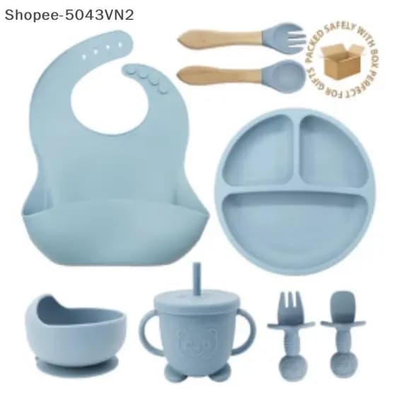 [RE] 3/6/8 Pcs Bebê Silicone Talheres Crianças Utensílio Babador Copo De Palha Tigela Placa De Sucção Conjunto Essencial