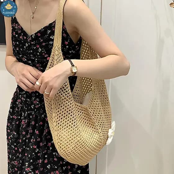 PLUMHOME Bolsa Feminina Trançada Estilo Coreano De Ombro Preguiçoso Praia Com Flores Ocas De Malha .