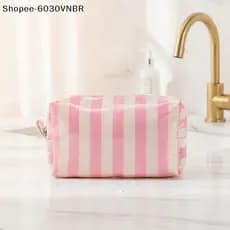 [QY] Bolsa Cosmética Listrada De PVC Leve À Prova D'água Com Fecho De Zíper Portátil De Higiene Pessoal Para Maquiagem ,