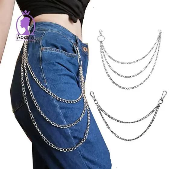 ANTH 2/3 Camadas Punk Hip-hop Longo Cinto De Metal Corrente Moda Calças Calça Cintura Chaveiro .