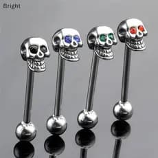 14G Aço Inoxidável CZ Gem Caveira Prateada Língua Barbell Anel Barra Piercing Corporal