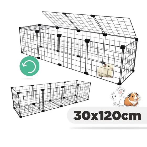 Cercado Pet para Porquinho da Índia 30x120cm Uso Duplo com Tela Aramada Teto ou Fundo Versátil e Expansível Branco Preto