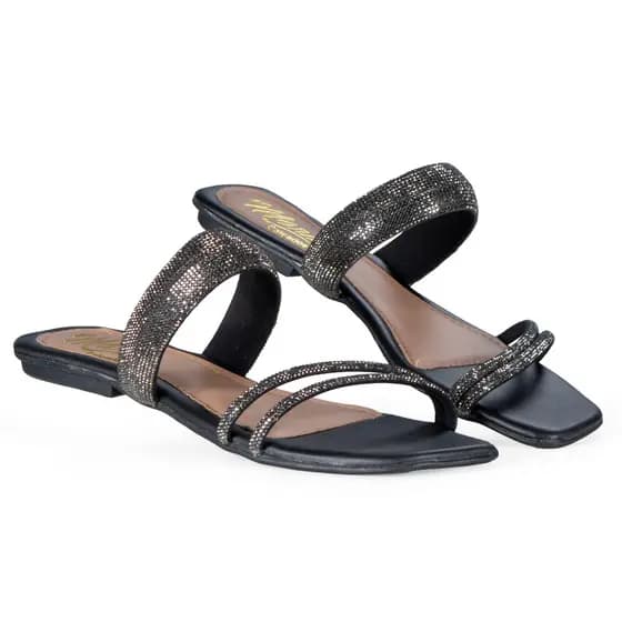 Sandália Rasteira Feminina Preta com Strass – Conforto e Elegância