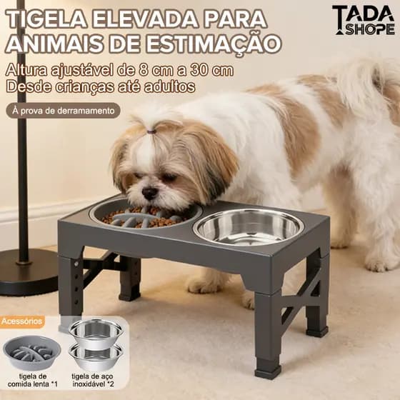 Suporte Dobrável para Tigelas de Cães com 5 Alturas Ajustáveis + 2 Tigelas Inox e 1 Tigela Lenta