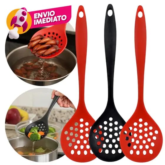 Escumadeira Universal Silicone Maciço Para Panelas Teflon Ceramico Fritura Arroz Kit Com 02/03/05Un.