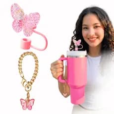 Kit 2 Acessórios Para Copo Térmico de 1200ml Borboleta Chaveiro Protetor de Canudo Silicone Feminino