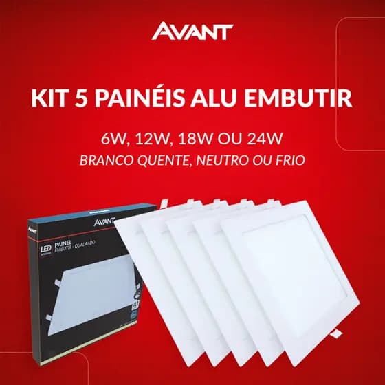 Kit 5 Painel Led Aluminio Quadrado Embutir 6w 12w 18w 24w Branco Frio 110v/220v Bivolt Branco Avant