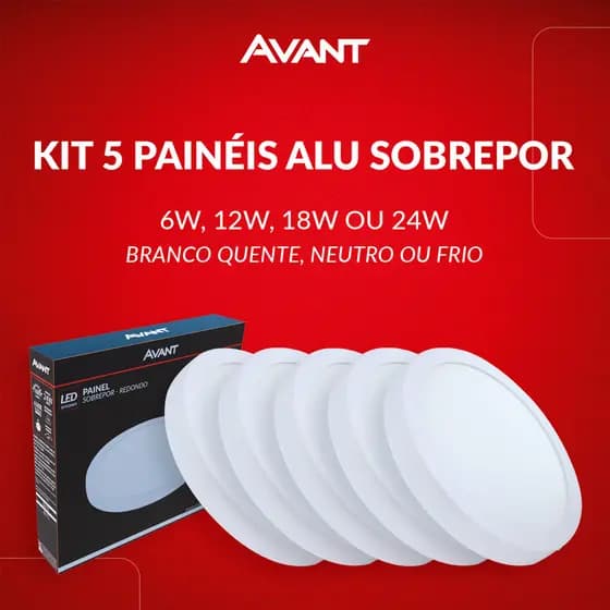 Kit 5 Painel Led Aluminio Redondo Sobrepor 6w 12w 18w 24w Branco Quente/Neutro/Frio 110v/220v Bivolt