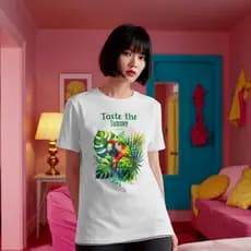 Camiseta Feminina Taste The Summer Arara Tropical 100% Algodão – Moda Verão Brasil - Maria Corina