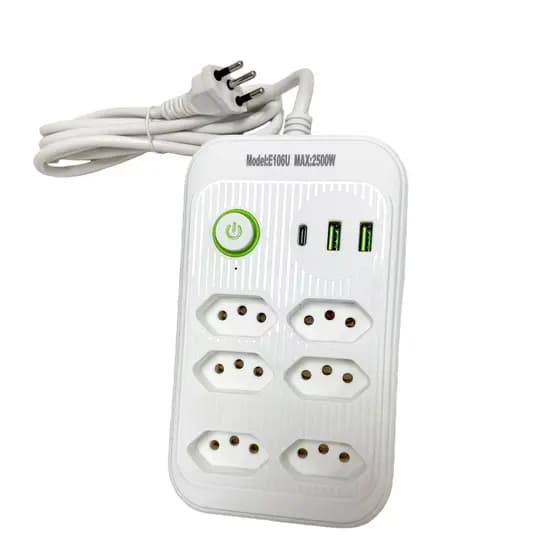 Filtro De Linha Extensão Elétrica 6 Tomadas 2 USB 1 Tipo C 2500W Portátil Adaptador De Viagem Carregador Rápido