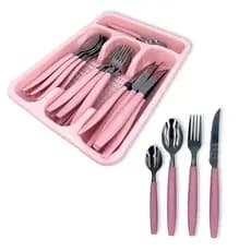 Jogo Talheres Faqueiro Inox 24 Pecas Porta Talher Gaveteiro Rosa Moderno