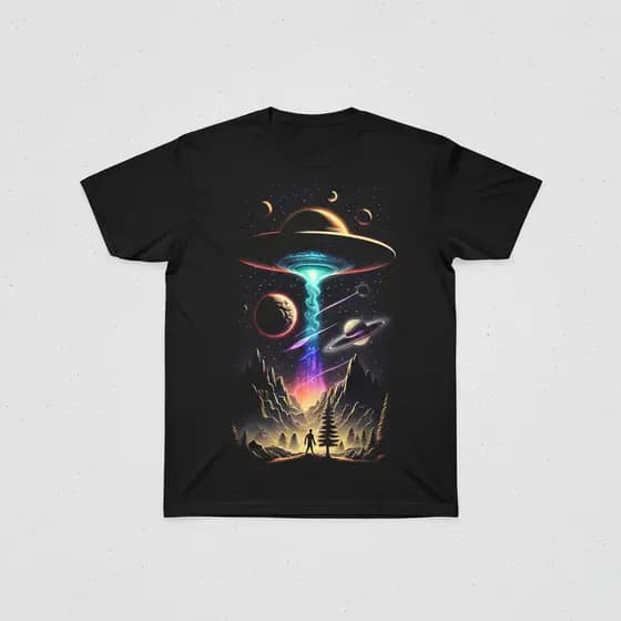 Camiseta Masculina UFO Abdução em Algodão Preto - Design Futurista