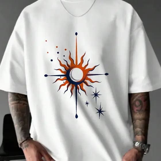 Camiseta Masculina Estampa Sol e Estrelas Streetwear 2025 Novo