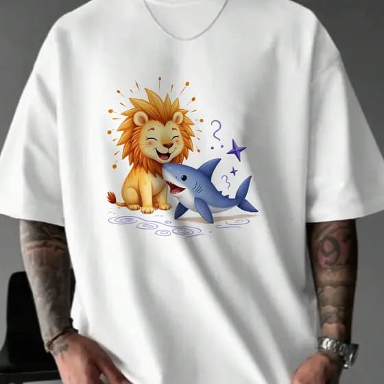 Camiseta Masculina Leão e Tubarão Streetwear 2025 Novo