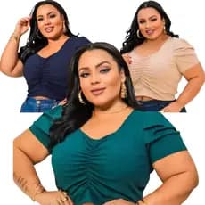 Cropped Feminino Básico Plus Size com Manga Princesa