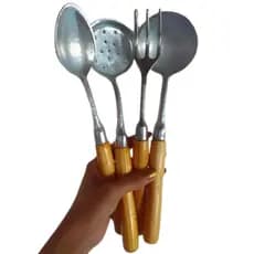 Talheres de Cozinha Alumínio Cabo Madeira Colher Arroz Concha Feijão Escumadeira Garfo [Envio HOJE]