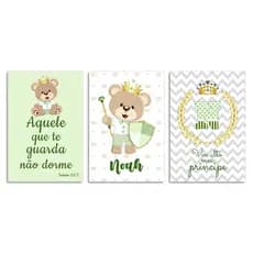 Kit Quadros Decorativos Ursinho Principe Verde Quarto de Bebê com Nome Personalizado Infantil 3 peças