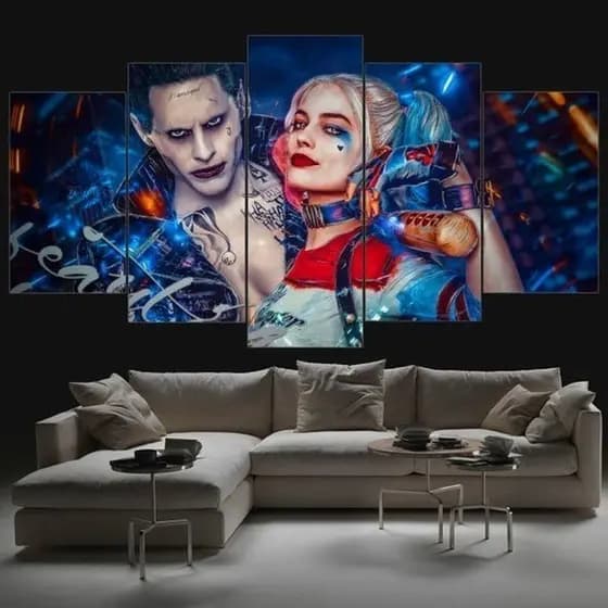 Quadro Decorativo - Mosaico 5 Peças - Coringa e Arlequina - Sala Quarto Hall
