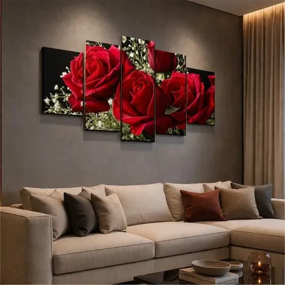 Quadro Decorativo - Flor Rosa Vermelha - Sala Quarto Hall - Mosaico 5 Peças - 115x60cm