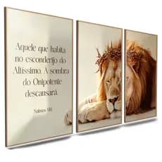 Kit 3 Quadros Decorativos Salmo 91 Leão de Judá Sala Quarto