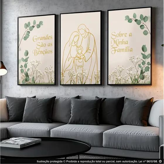 Kit 3 Quadros Decorativos Sagrada Família Religioso Decoração Sala Quarto Escritório
