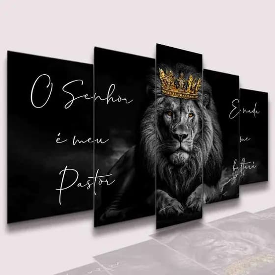 Kit Quadros Decorativos Leão De Judá O Senhor é Meu Pastor e Nada me Faltará Moderno Sala Quarto