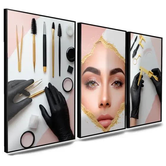 Kit 3 Quadros Decorativos Utensílios Estética Sobrancelha Mulher Decoração P/ Sala Quarto