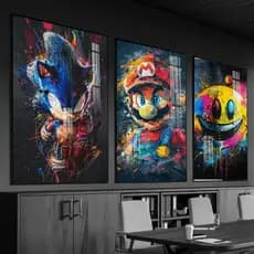 Kit 3 Quadros Decorativos Mosaico Jogos Games Retro Mario Pac Man e Sonic Decoração Quarto