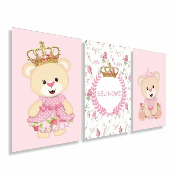 03 Placas Quadros Decorativos Ursinha Princesa Rosa Menina Infantil Com Nome Personalizado