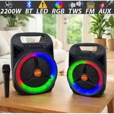 Caixa de Som Bluetooth Portátil 2200W PMPO Potente com LED RGB/Microfone/USB/SD/Aux e Karaokê