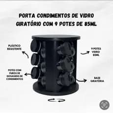 Porta Tempero Giratorio 9 Potes De Vidro Com Tampa Dosadora Preto
