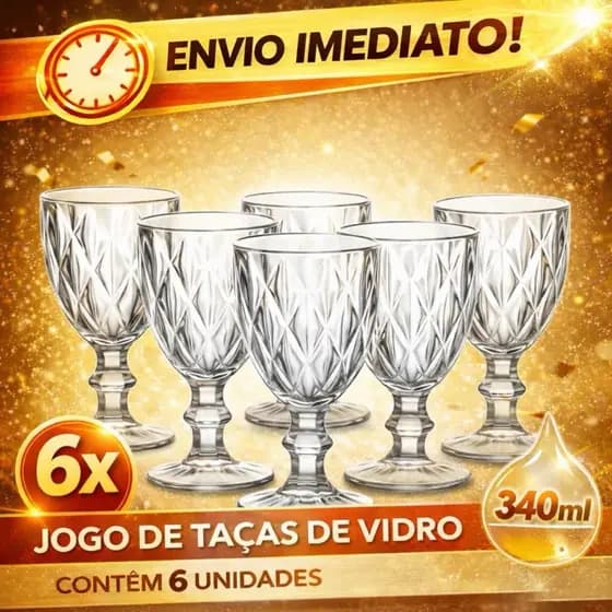 Kit de Jogo de Taças Diamond Copos Cristal Ecológico 340ml Vidro Transparente com 6 taças