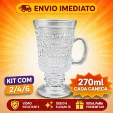 KIT Taças/Canecas de Capuccino Jogo 2/4/6 Peças Nespresso Em Vidro Irish/Reviera Coffee 270ml