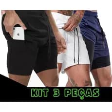 Kit 3 Bermudas Masculinas Academia 2 em 1 Dupla Camada e Suporte para Celular