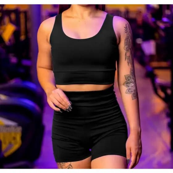 CONJUNTO ACADEMIA FEMININO TOP E SHORT CINTURA ALTA EM SUPLEX