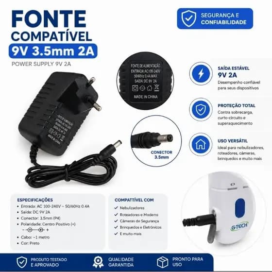 Fonte carregador compatível 9V 3.5A 2A para nebulizador portátil, inalador e diversos aparelhos