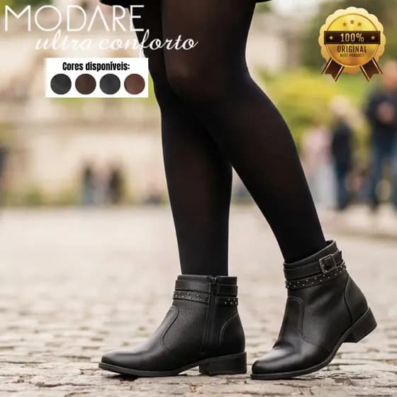 Bota Feminina Modare Ultraconforto Fechamento Zíper Tachinhas Detalhe Fivela Salto Baixo Original
