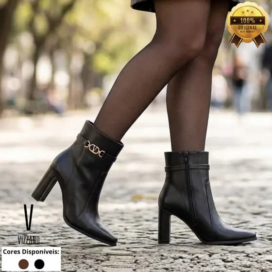 Bota Feminina Vizzano Salto Grosso Médio Bico Fino Com Zíper Confortável Elegante Moderna Casual Dia a Dia