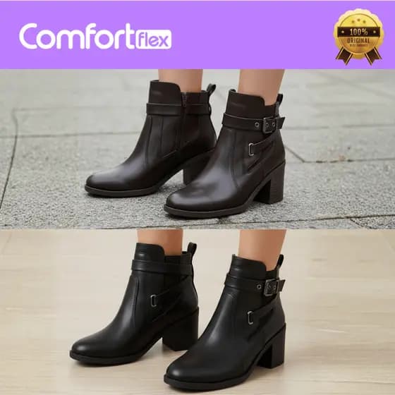 Bota Comfortflex Feminina Confortável Cano Médio Macia Fechamento Zíper Saltinho Fivela Original
