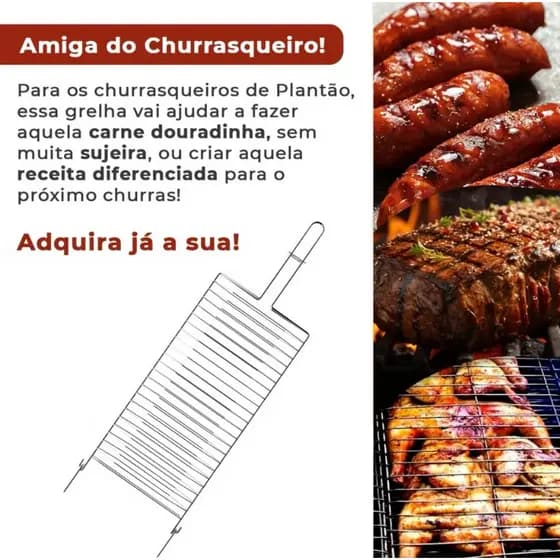 grelha  dupla para assar frango peixe linguiça 73x19cm