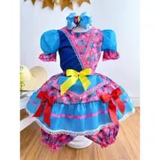 Fantasia Infantil Junino Azul e Rosa Com Flores Coloridas