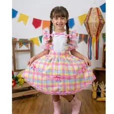 Vestido Infantil Junino Camisa e Salopete Xadrez Rosa Estampado